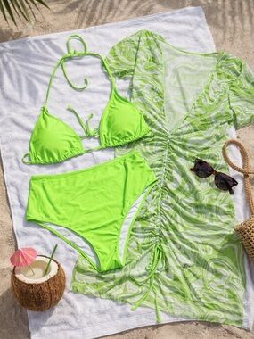 Neon Green 3PC Bikini Set 1X Runs Small (Fits M/L) + Cover Up 💚